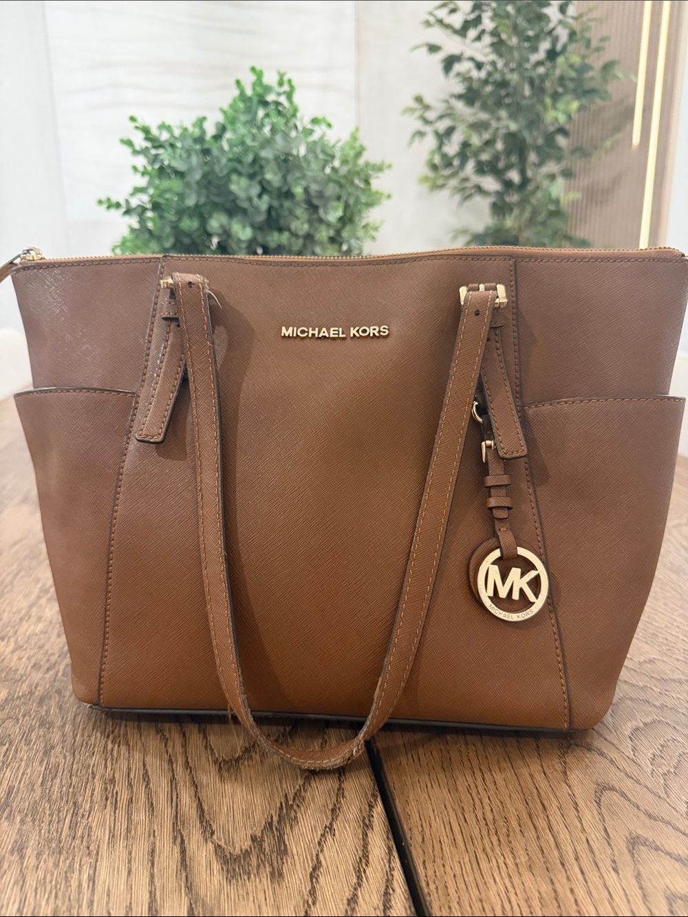 Michael Kors Cognac Saffiano Leather Tote with MK Charm